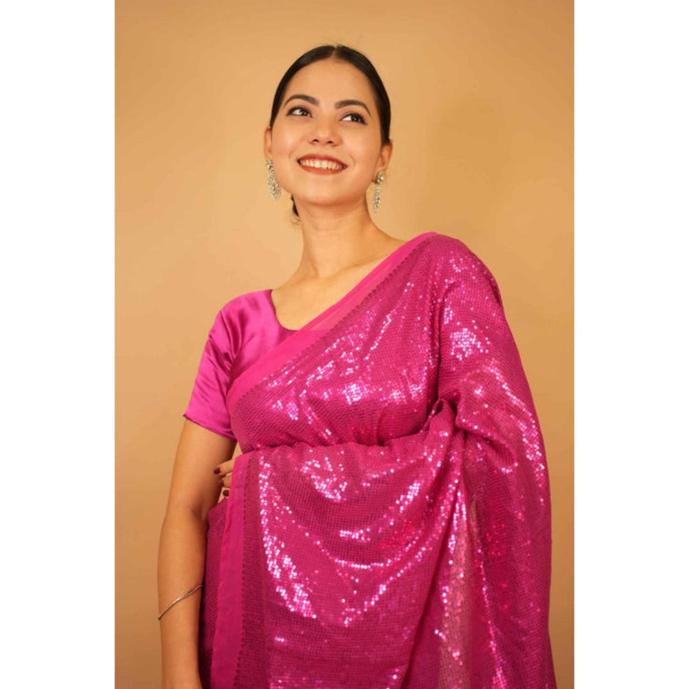Isadora Life Womens Embroidered Sequined Pink Pre-Draped Saree With Unstitched Blouse