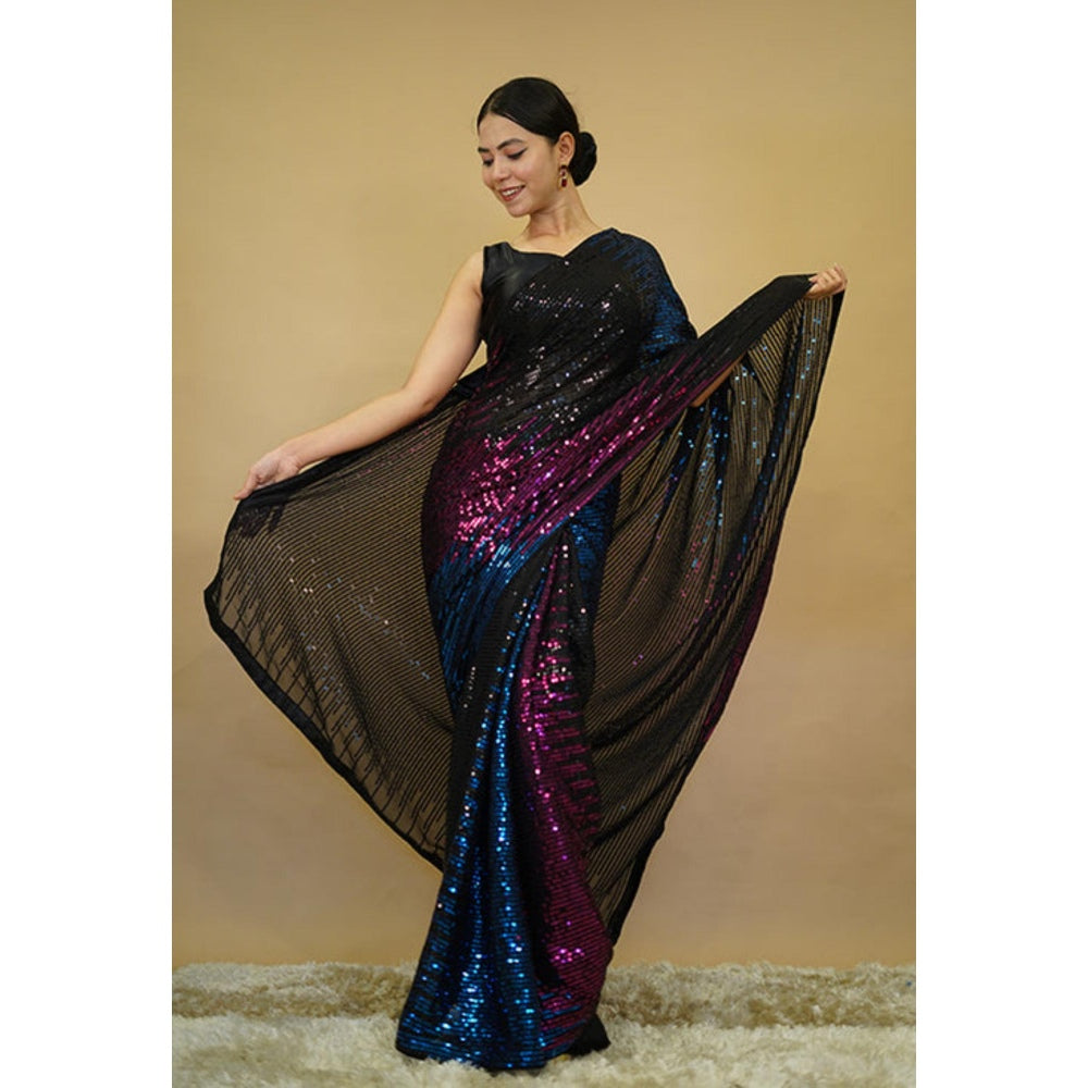 Isadora Life Womens Sequined Multi-Color Pre-Draped Saree With Unstitched Blouse