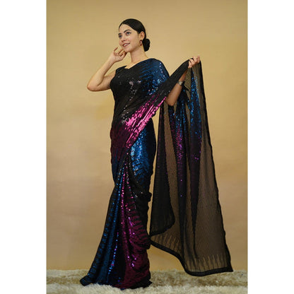 Isadora Life Womens Sequined Multi-Color Pre-Draped Saree With Unstitched Blouse
