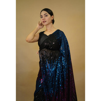 Isadora Life Womens Sequined Multi-Color Pre-Draped Saree With Unstitched Blouse