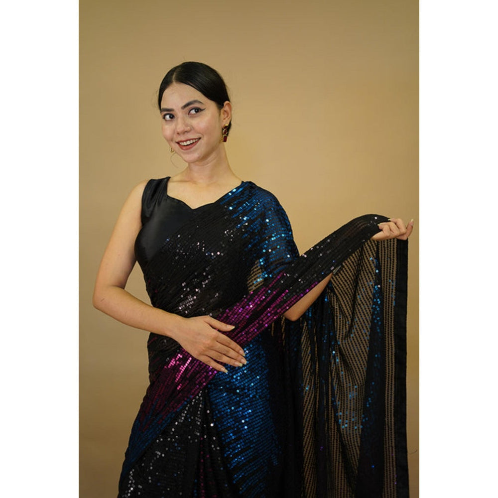 Isadora Life Womens Sequined Multi-Color Pre-Draped Saree With Unstitched Blouse