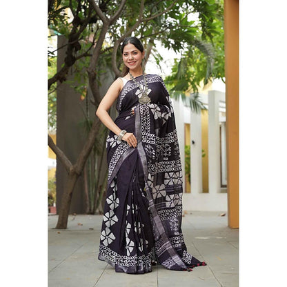 Isadora Life Traditional Jaipuri Print Black Ready To Wear Saree With Unstitched Blouse