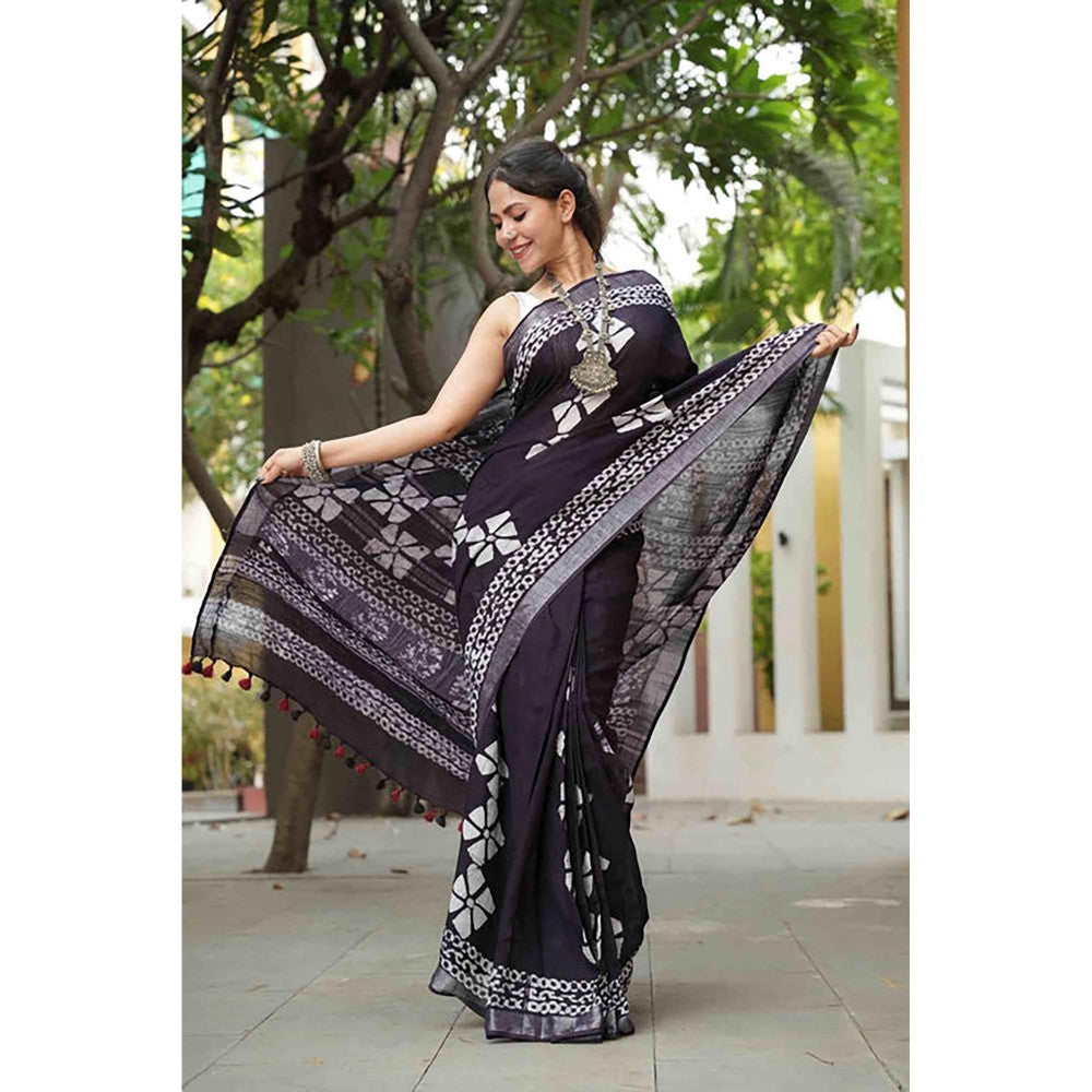Isadora Life Traditional Jaipuri Print Black Ready To Wear Saree With Unstitched Blouse