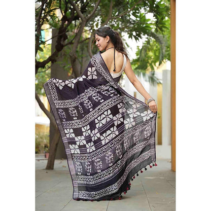 Isadora Life Traditional Jaipuri Print Black Ready To Wear Saree With Unstitched Blouse