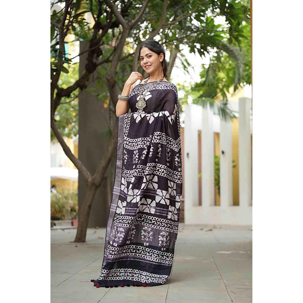 Isadora Life Traditional Jaipuri Print Black Ready To Wear Saree With Unstitched Blouse