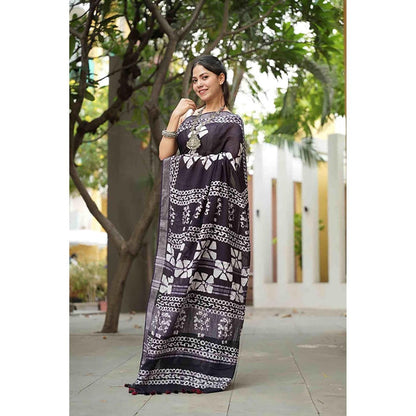 Isadora Life Traditional Jaipuri Print Black Ready To Wear Saree With Unstitched Blouse