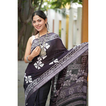 Isadora Life Traditional Jaipuri Print Black Ready To Wear Saree With Unstitched Blouse