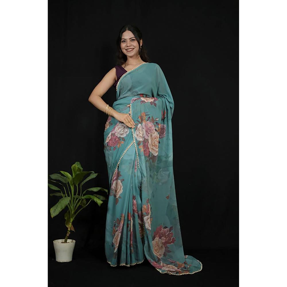 Isadora Life Green Georgette Floral Pearl Border Saree With Unstitched Blouse