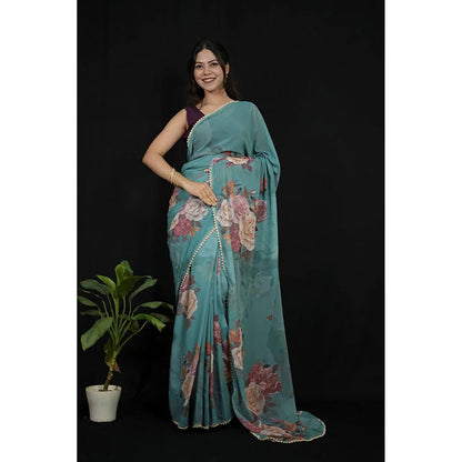 Isadora Life Green Georgette Floral Pearl Border Saree With Unstitched Blouse