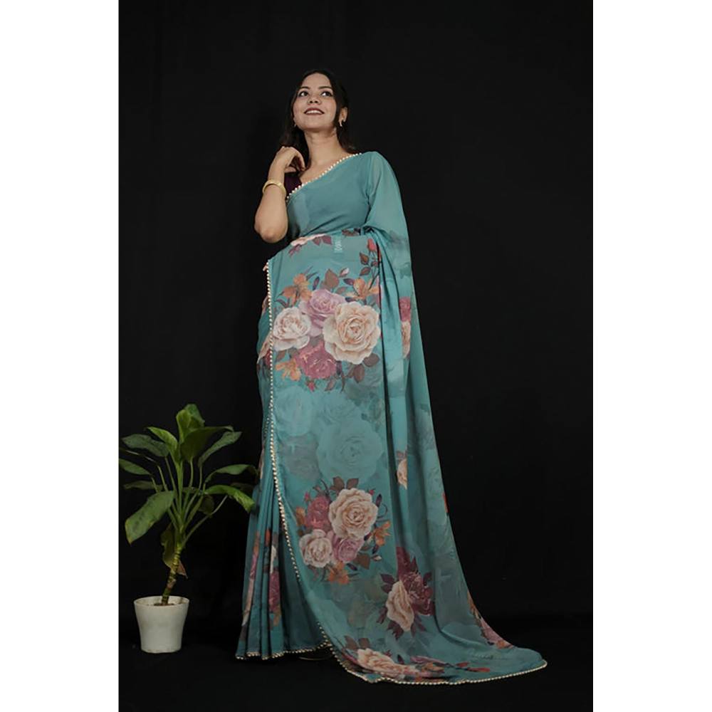 Isadora Life Green Georgette Floral Pearl Border Saree With Unstitched Blouse