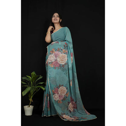 Isadora Life Green Georgette Floral Pearl Border Saree With Unstitched Blouse