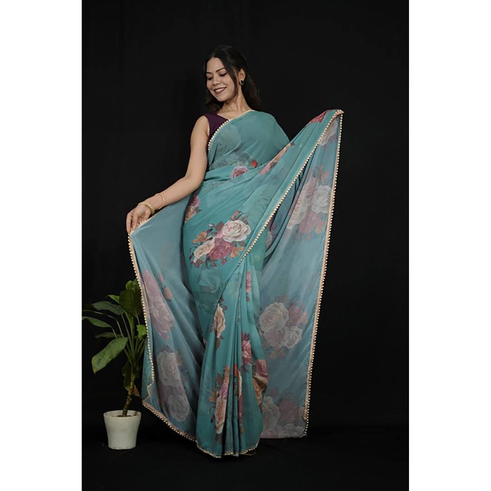 Isadora Life Green Georgette Floral Pearl Border Saree With Unstitched Blouse