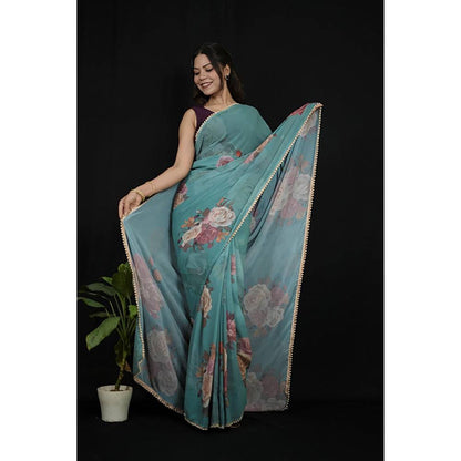 Isadora Life Green Georgette Floral Pearl Border Saree With Unstitched Blouse