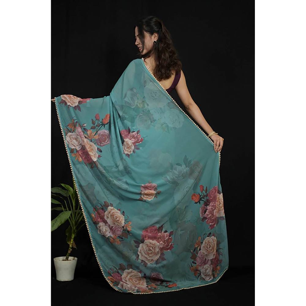 Isadora Life Green Georgette Floral Pearl Border Saree With Unstitched Blouse