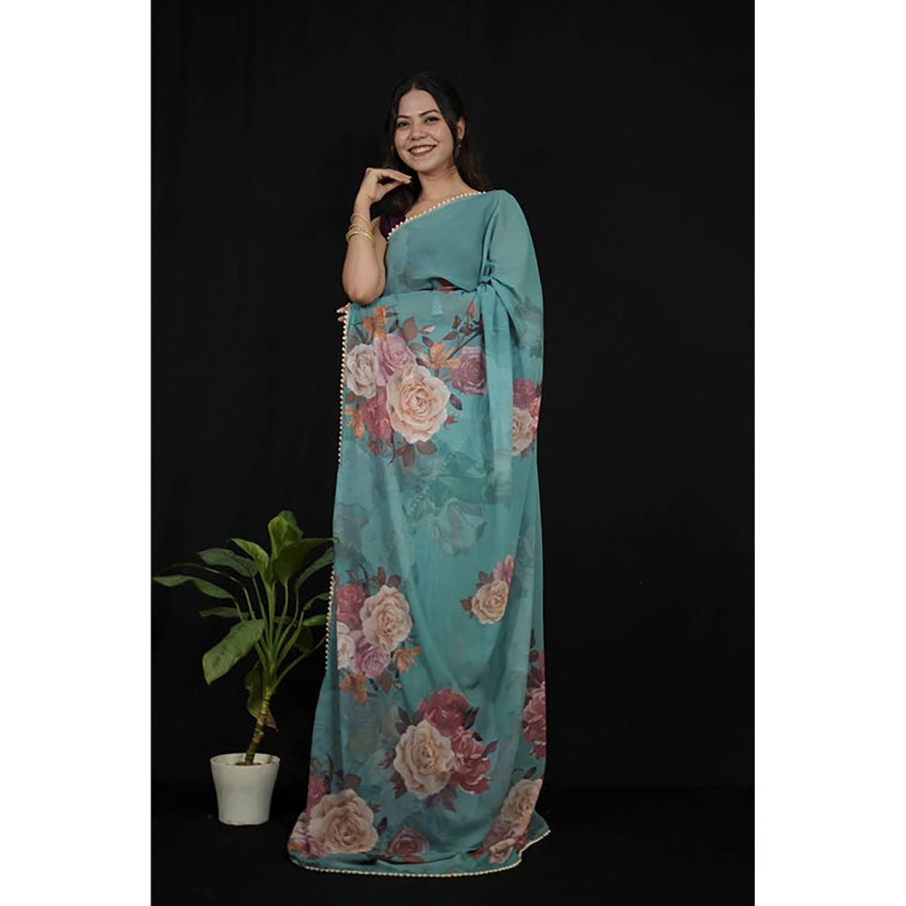 Isadora Life Green Georgette Floral Pearl Border Saree With Unstitched Blouse