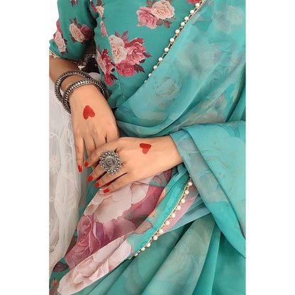 Isadora Life Green Georgette Floral Pearl Border Saree With Unstitched Blouse