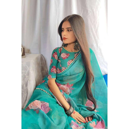 Isadora Life Green Georgette Floral Pearl Border Saree With Unstitched Blouse