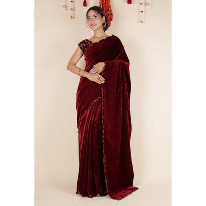 Isadora Life Womens Solid Gota Maroon Pre-Draped Saree with Unstitched Blouse