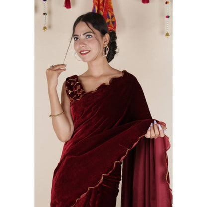 Isadora Life Womens Solid Gota Maroon Pre-Draped Saree with Unstitched Blouse