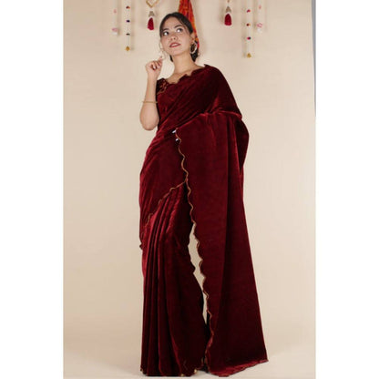 Isadora Life Womens Solid Gota Maroon Pre-Draped Saree with Unstitched Blouse