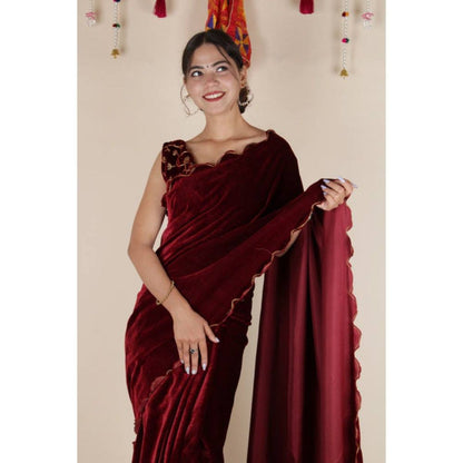 Isadora Life Womens Solid Gota Maroon Pre-Draped Saree with Unstitched Blouse