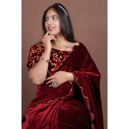 Isadora Life Womens Solid Gota Maroon Pre-Draped Saree with Unstitched Blouse