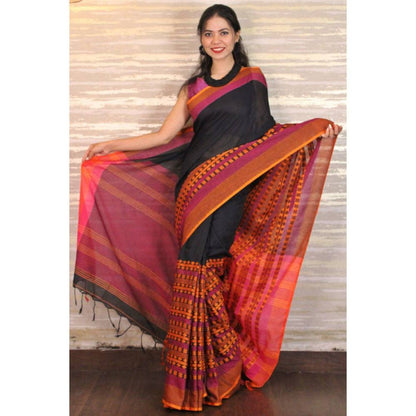 Isadora Life Womens Woven Tassels Black Pre-Draped Saree with Unstitched Blouse