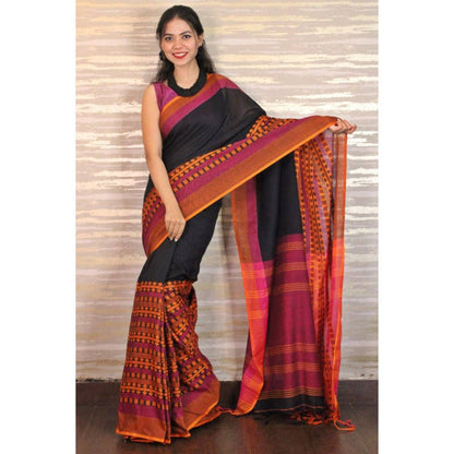 Isadora Life Womens Woven Tassels Black Pre-Draped Saree with Unstitched Blouse