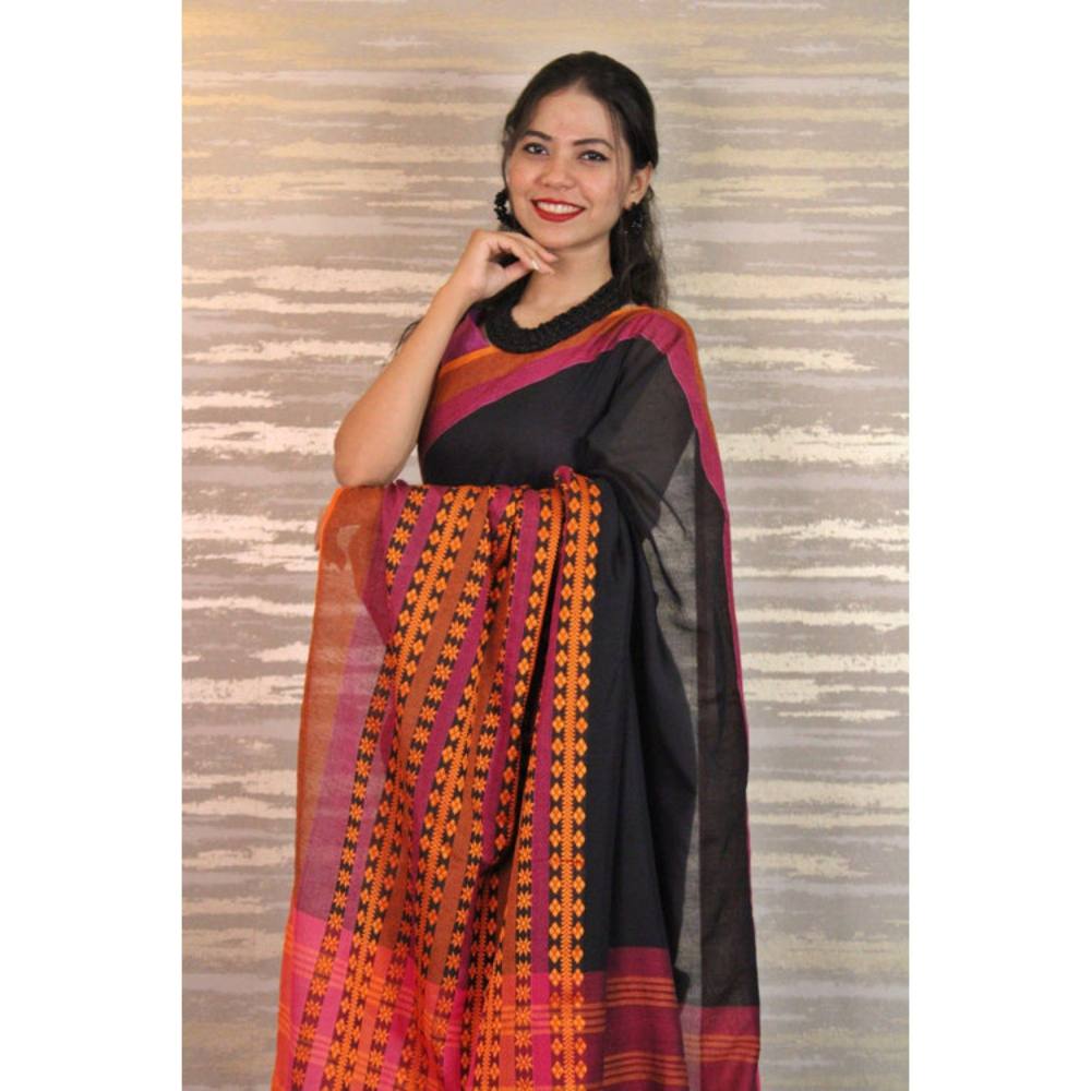Isadora Life Womens Woven Tassels Black Pre-Draped Saree with Unstitched Blouse