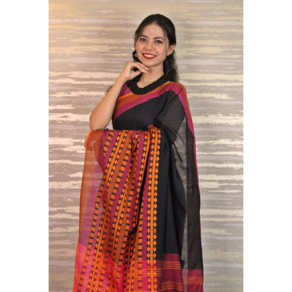 Isadora Life Womens Woven Tassels Black Pre-Draped Saree with Unstitched Blouse