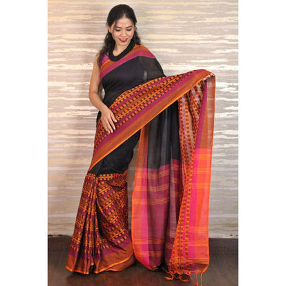 Isadora Life Womens Woven Tassels Black Pre-Draped Saree with Unstitched Blouse