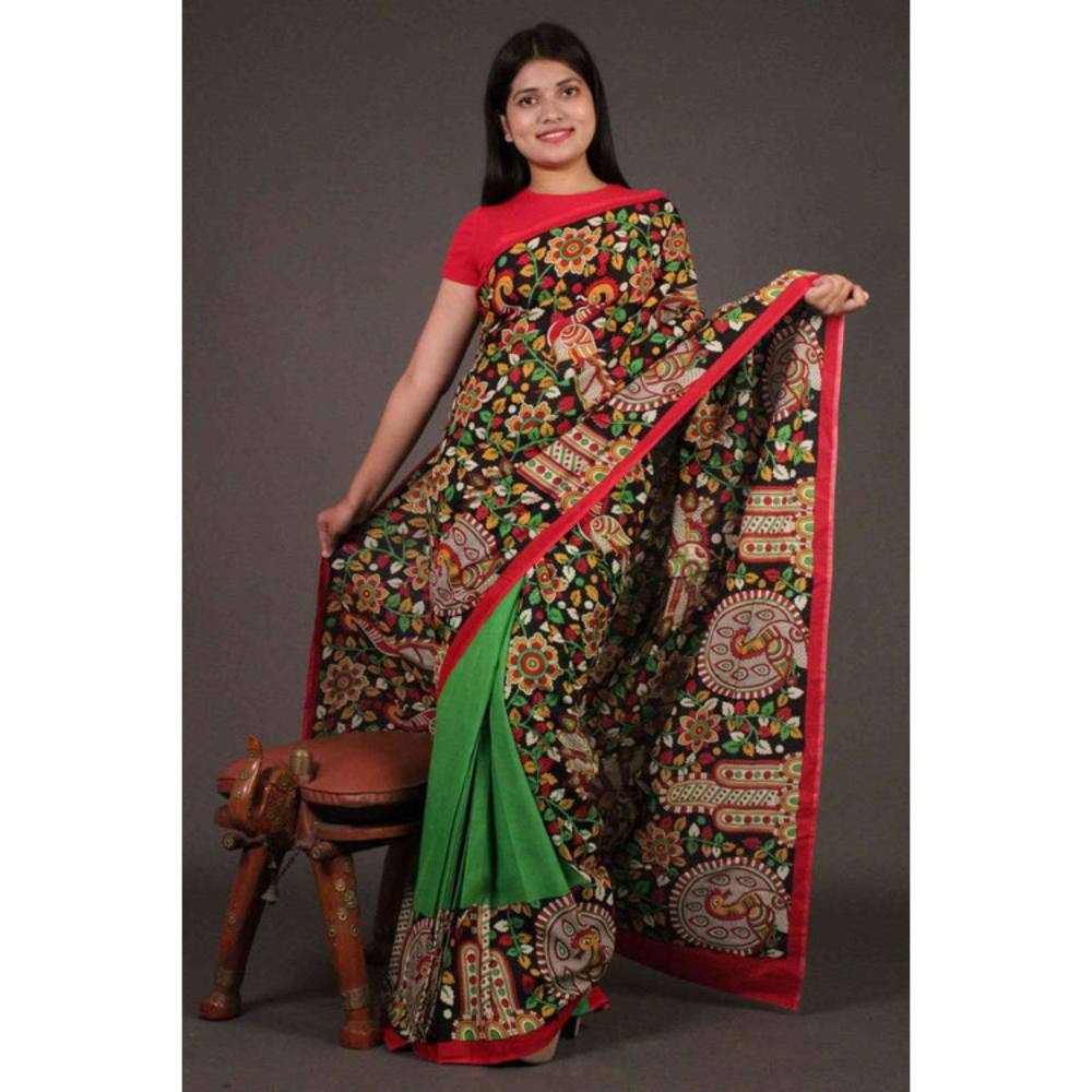 Isadora Life Womens Floral Printed Multi-Color Pre-Draped Saree with Unstitched Blouse