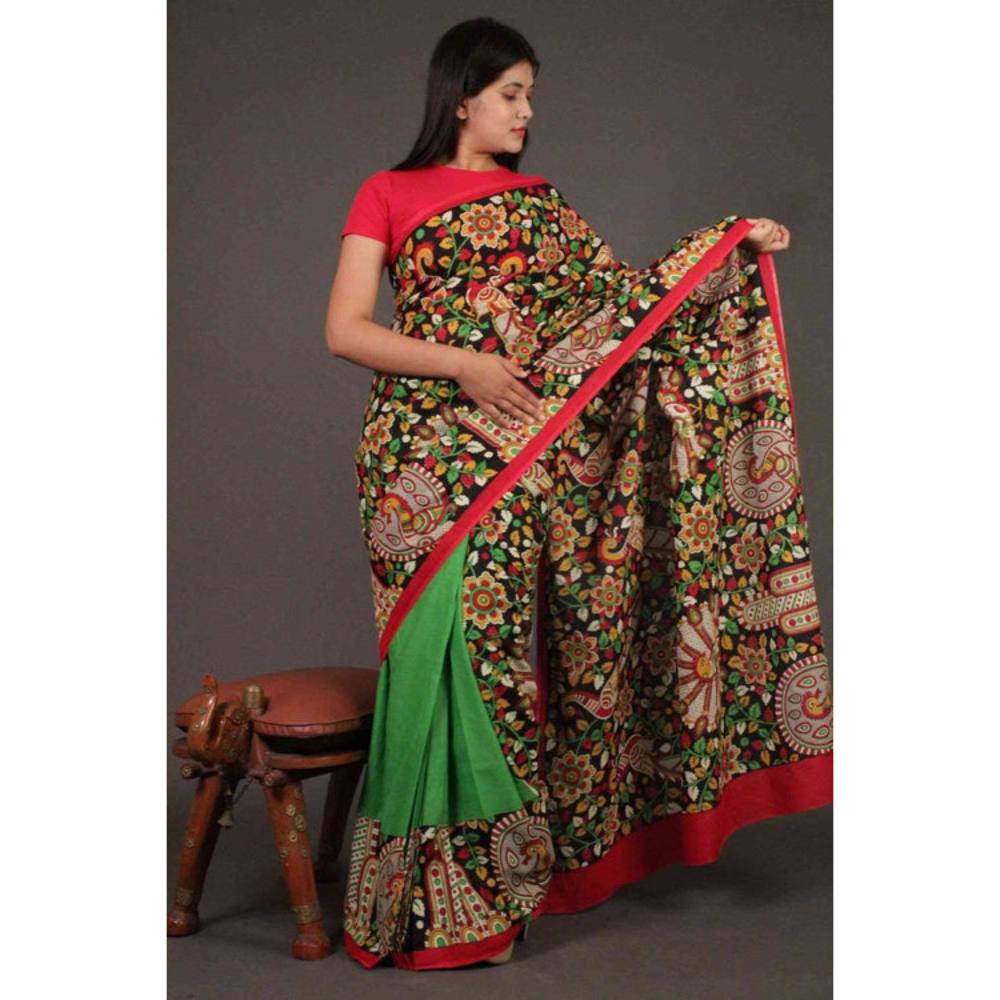 Isadora Life Womens Floral Printed Multi-Color Pre-Draped Saree with Unstitched Blouse