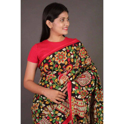 Isadora Life Womens Floral Printed Multi-Color Pre-Draped Saree with Unstitched Blouse