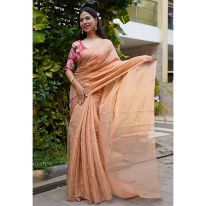 Isadora Life Womens Solid Zari Beige Pre-Draped Saree with Unstitched Blouse
