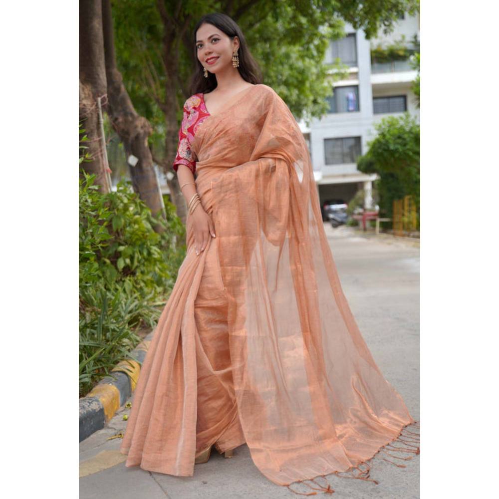 Isadora Life Womens Solid Zari Beige Pre-Draped Saree with Unstitched Blouse