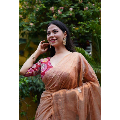 Isadora Life Womens Solid Zari Beige Pre-Draped Saree with Unstitched Blouse