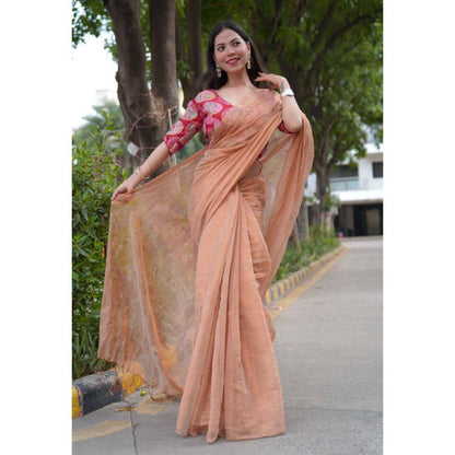Isadora Life Womens Solid Zari Beige Pre-Draped Saree with Unstitched Blouse