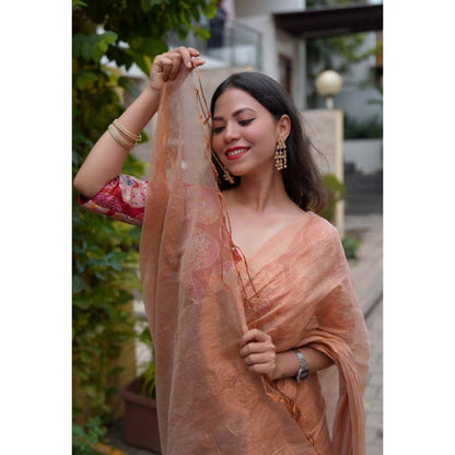 Isadora Life Womens Solid Zari Beige Pre-Draped Saree with Unstitched Blouse