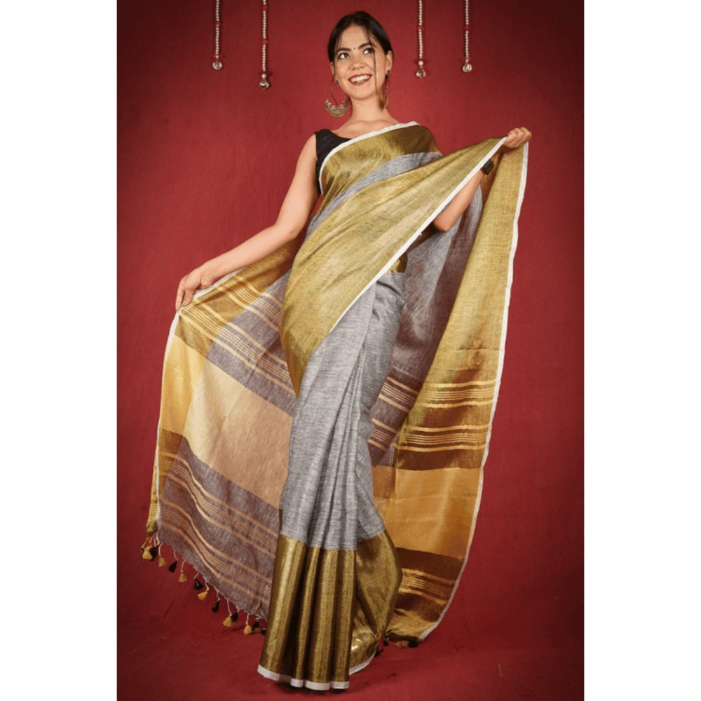 Isadora Life Womens Woven Zari Grey Pre-Draped Saree with Unstitched Blouse