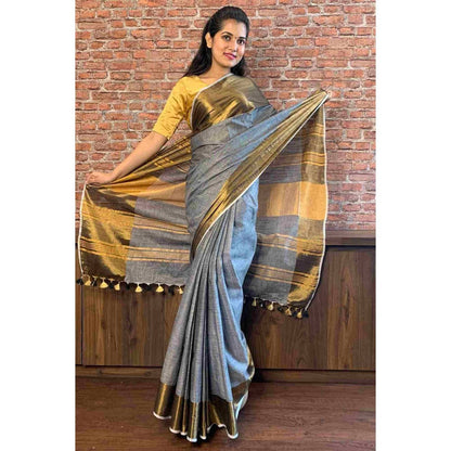 Isadora Life Womens Woven Zari Grey Pre-Draped Saree with Unstitched Blouse