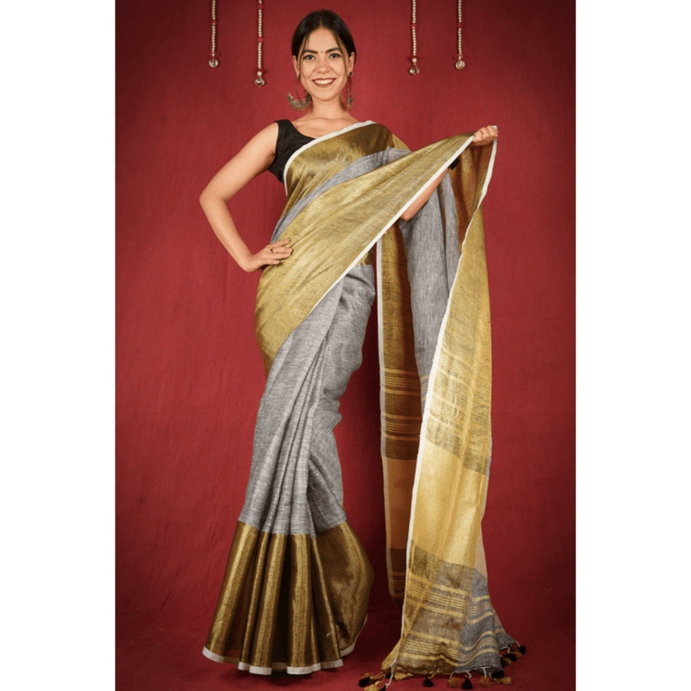 Isadora Life Womens Woven Zari Grey Pre-Draped Saree with Unstitched Blouse