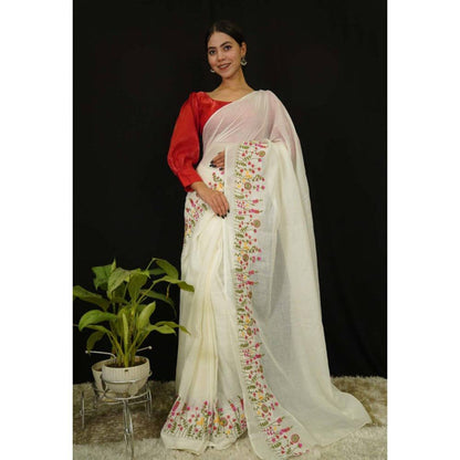 Isadora Life Womens Embroidered Thread Work White Pre-Draped Saree with Unstitched Blouse