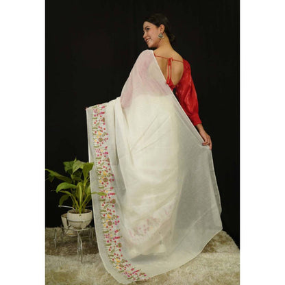 Isadora Life Womens Embroidered Thread Work White Pre-Draped Saree with Unstitched Blouse