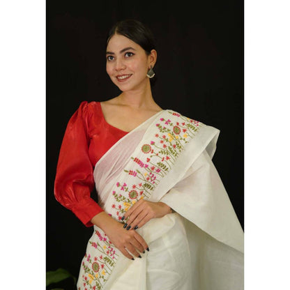 Isadora Life Womens Embroidered Thread Work White Pre-Draped Saree with Unstitched Blouse
