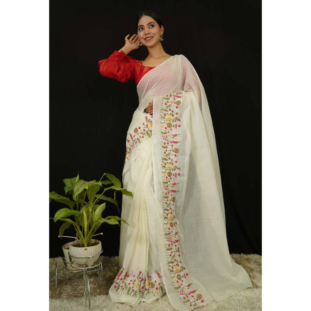 Isadora Life Womens Embroidered Thread Work White Pre-Draped Saree with Unstitched Blouse