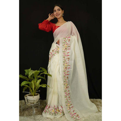 Isadora Life Womens Embroidered Thread Work White Pre-Draped Saree with Unstitched Blouse