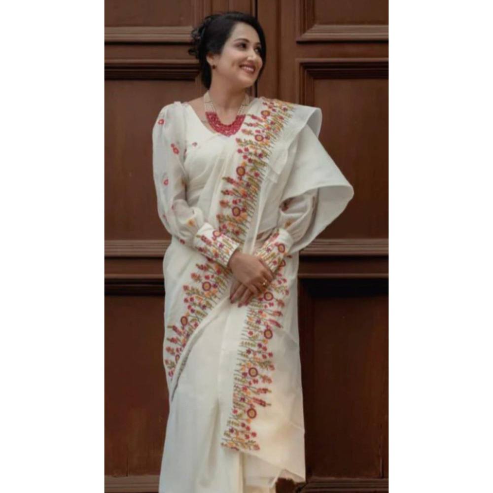 Isadora Life Womens Embroidered Thread Work White Pre-Draped Saree with Unstitched Blouse