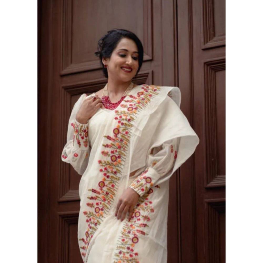Isadora Life Womens Embroidered Thread Work White Pre-Draped Saree with Unstitched Blouse
