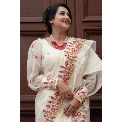 Isadora Life Womens Embroidered Thread Work White Pre-Draped Saree with Unstitched Blouse